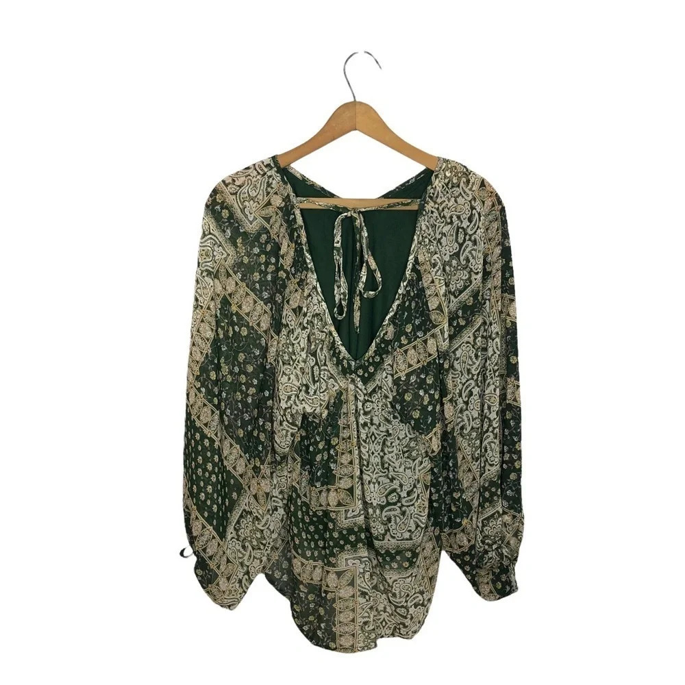 ENTRO Green Paisley Boho Balloon Sleeve Blouse Small